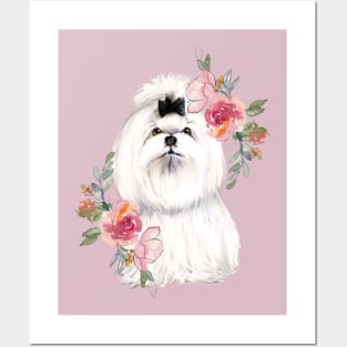 Cute White Shih Tzu with Flowers Watercolor Art Posters and Art